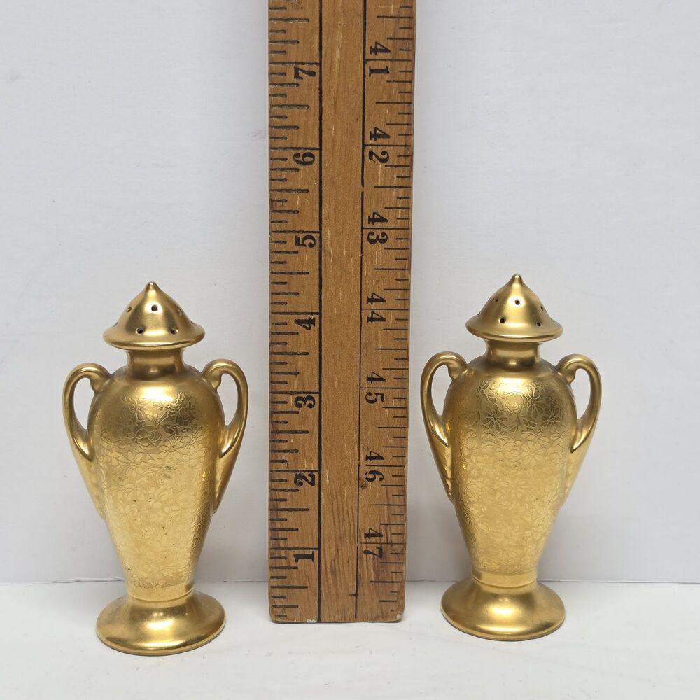 Vintage 50s Stouffer 24 Kt Gold Plated Salt/Pepper Shaker ROSE DAISY w Handles - Picture 2 of 9